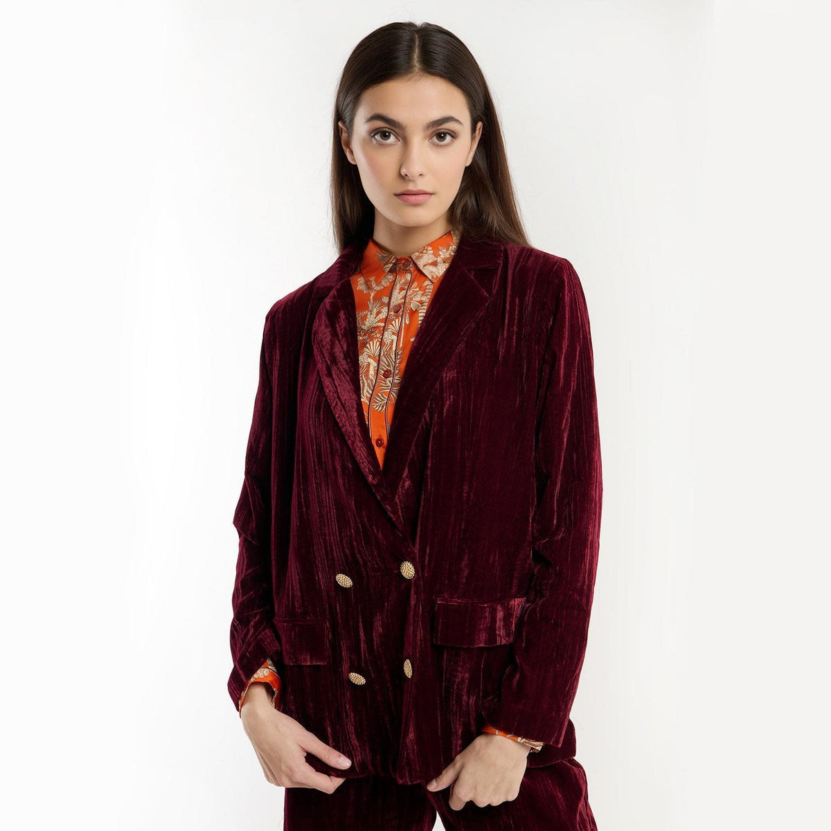 Burgundy crushed velvet jacket with button front closure and red Mani print lining