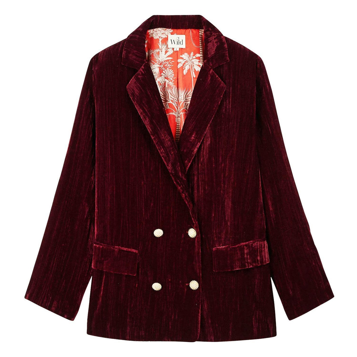 Burgundy crushed velvet jacket with button front closure and red Mani print lining