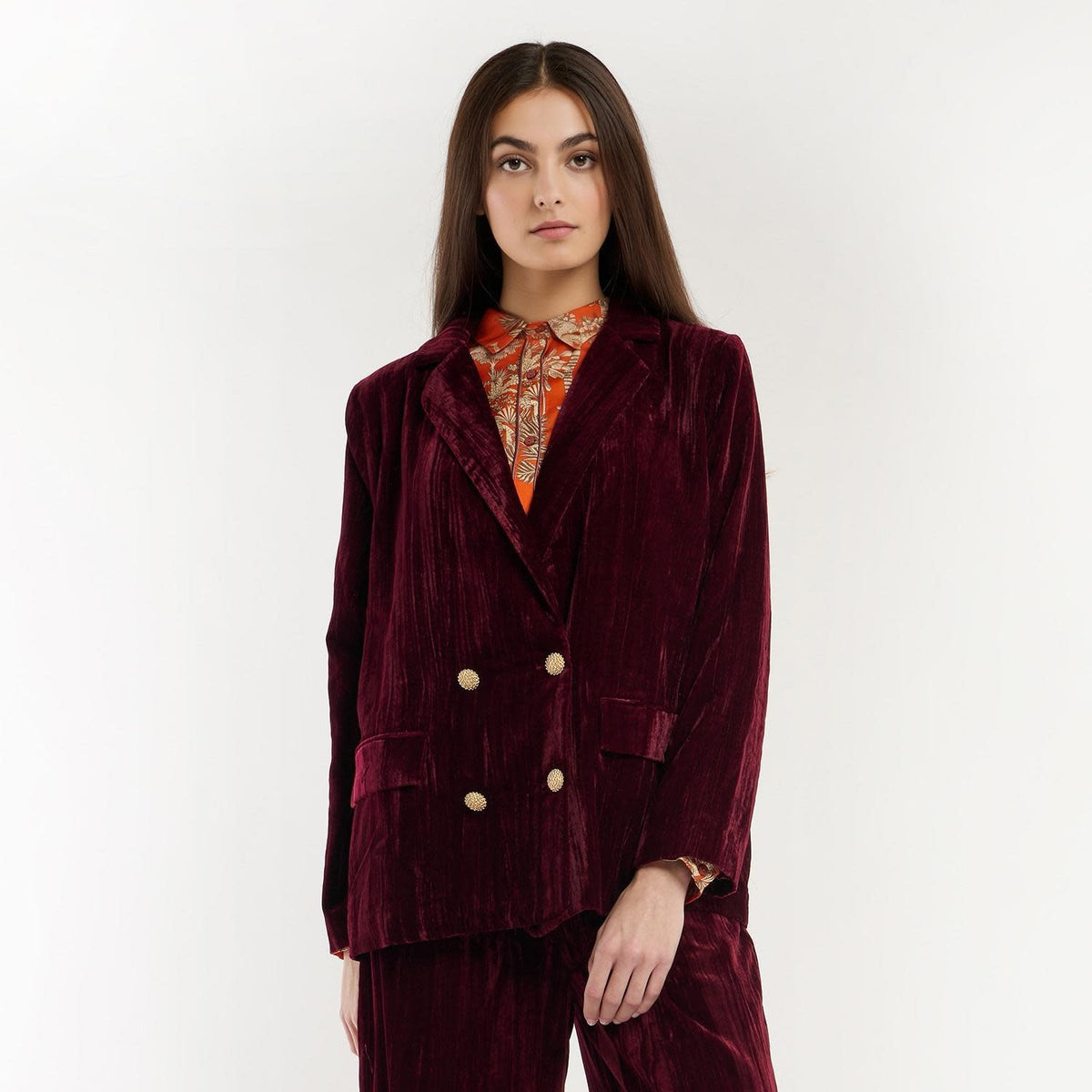 Burgundy crushed velvet jacket with button front closure and red Mani print lining