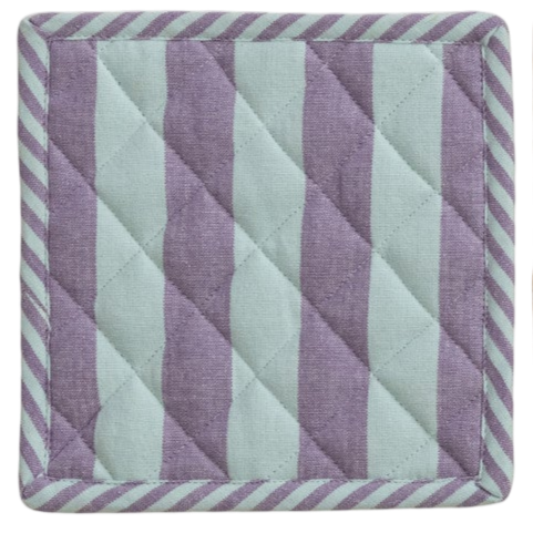 Square woven cotton pot holder with striped pattern in neutral tones