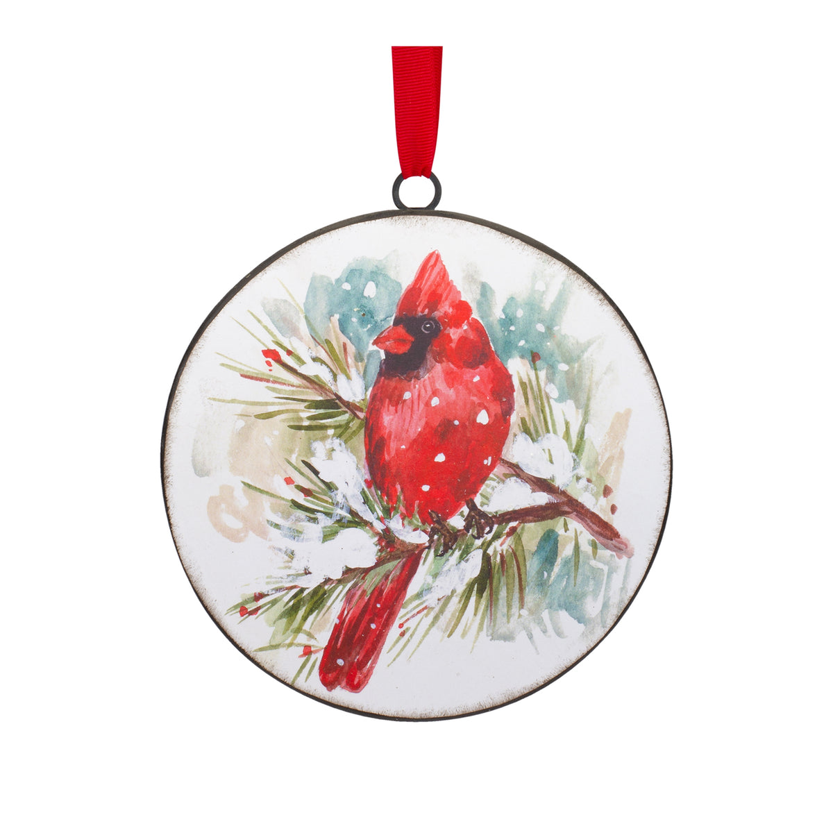 Round iron ornament featuring a watercolor painting of a red cardinal on a snowy pine branch.