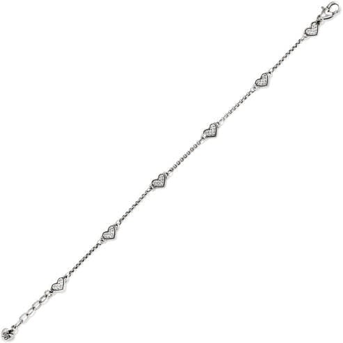 Silver plated adjustable anklet with hearts embedded in a tunnel crystal pattern.