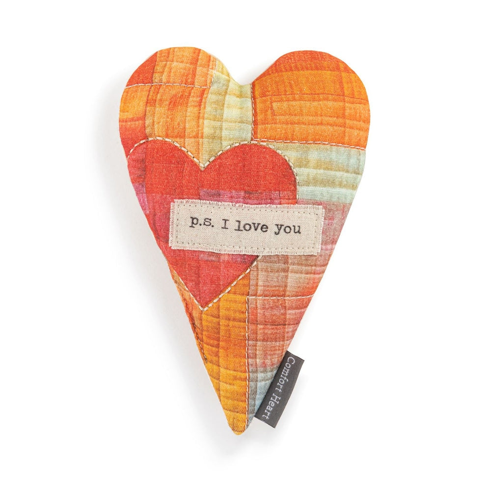 Comfort Heart plush toy with a heart-shaped body made of cotton fabric filled with polyester fiberfill and beads.