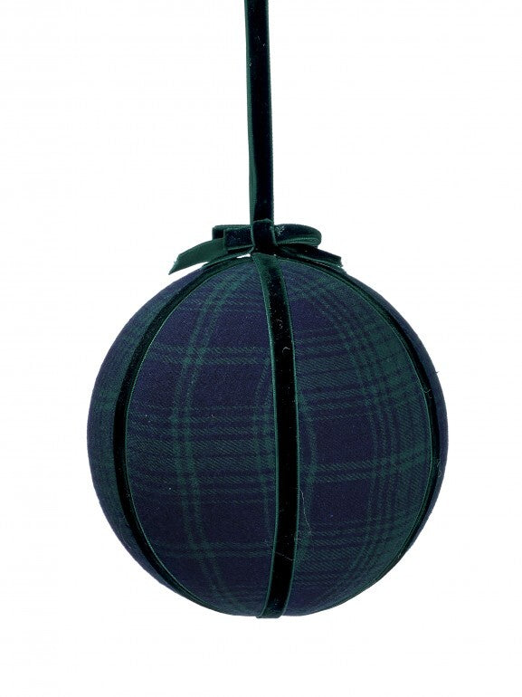 6-inch dark green and navy blue plaid velvet ball ornament with a matching velvet hanging ribbon.