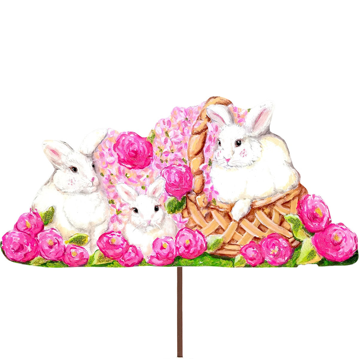 Wooden easel shaped like a bunny holding red roses with green leaves.