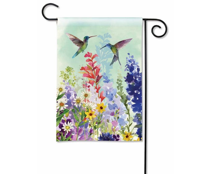Garden flag featuring a colorful floral pattern on a white background with standard rectangular silhouette.