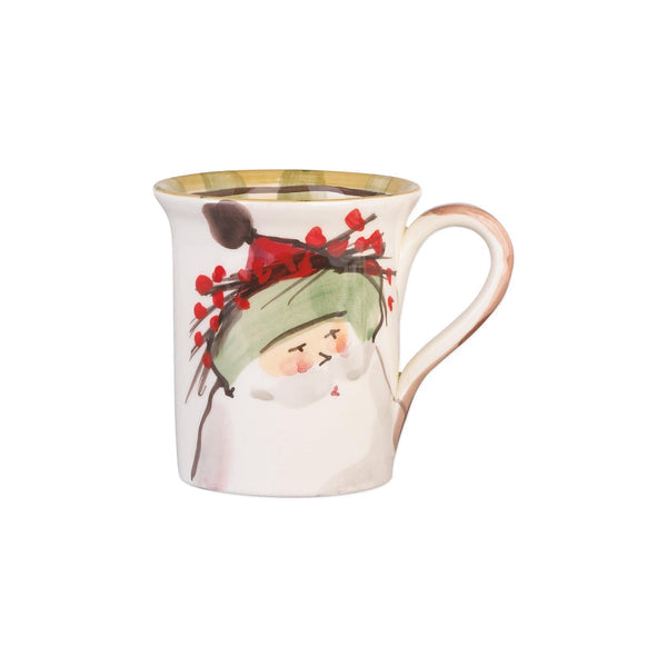 Old St. Nick mug featuring a hand-painted Santa Claus with a green hat and red berry crown.