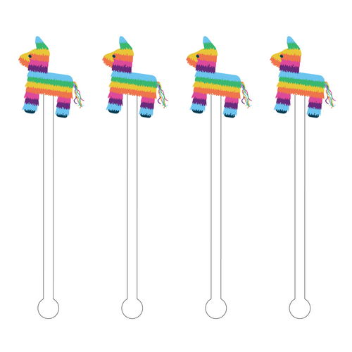Set of four acrylic stir sticks topped with colorful donkey piñata designs.
