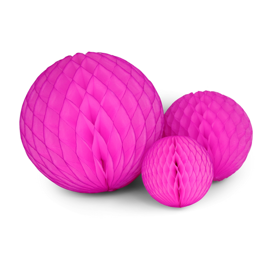 Bright honeycomb ball trio decoration made from sustainably sourced paper in a geometric pattern.
