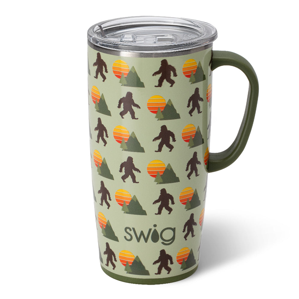 Silver stainless steel travel mug with a slim metal handle, silicone base, and removable lid slider.