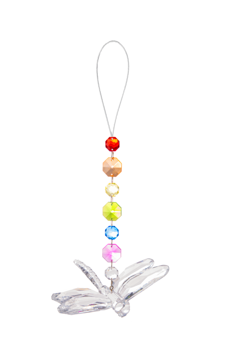 Multi-colored beaded dragonfly ornament measuring six inches wide by eight-and-a-half inches long.