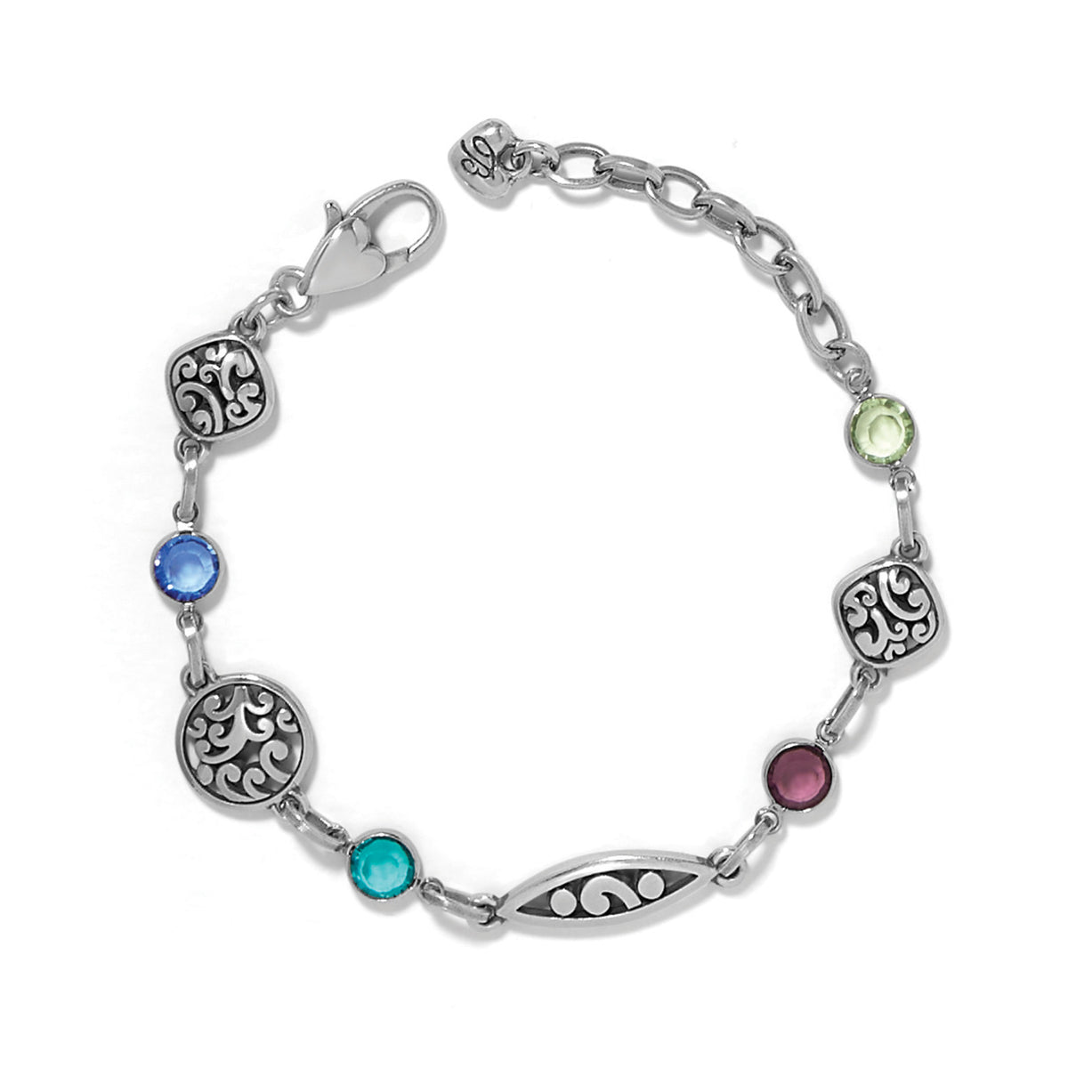Silver-plated Contempo Color Gems Bracelet with multi-colored crystals and ornate silver charms.