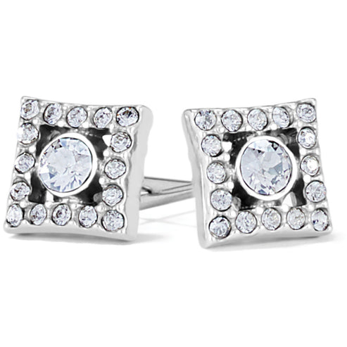 Illumina Diamond Post Earrings featuring square silver-plated frames with hand-set crystals.