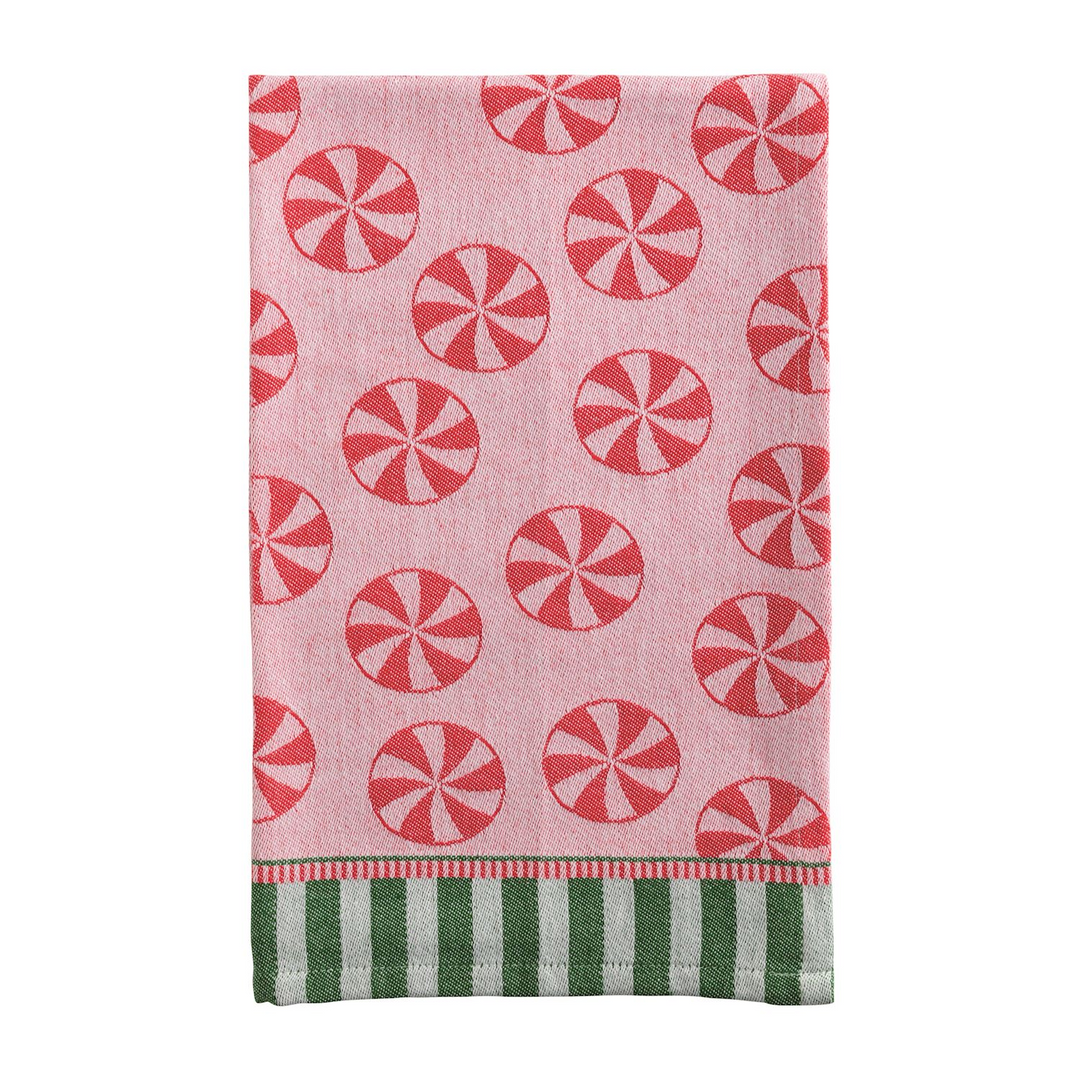 Jacquard cotton hand towel with red peppermint candy pattern and green striped hem.