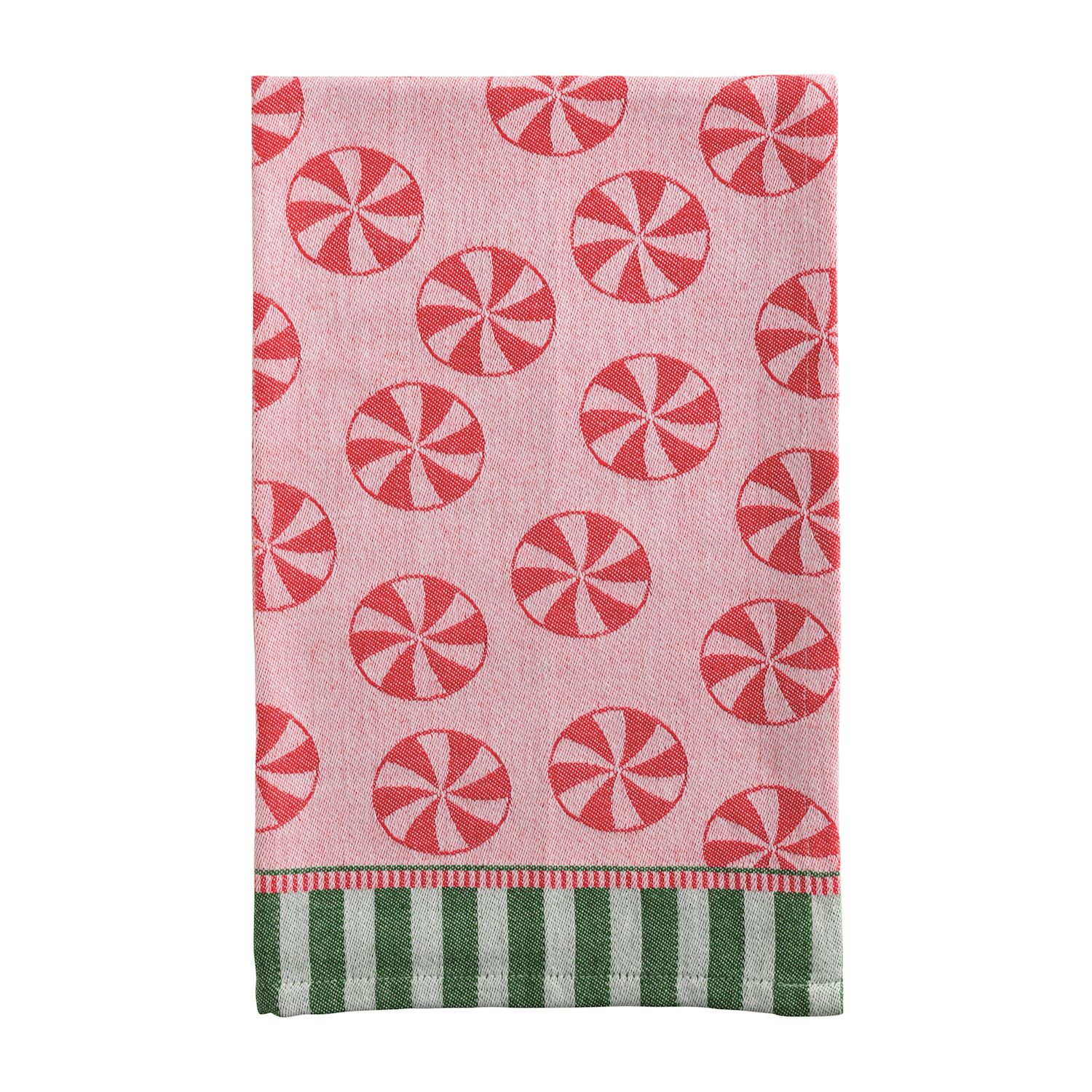 Jacquard cotton hand towel with red peppermint candy pattern and green striped hem.