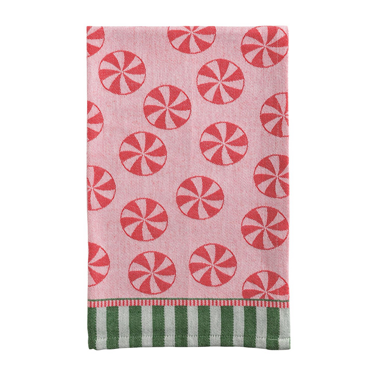 Jacquard cotton hand towel with red peppermint candy pattern and green striped hem.
