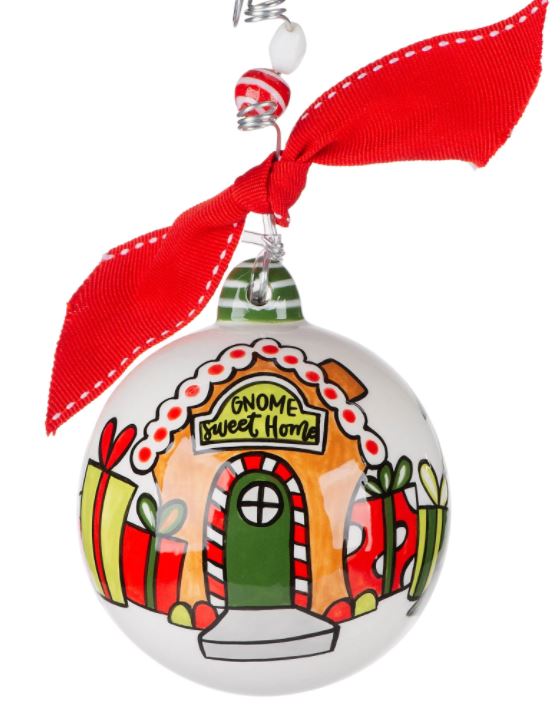 Hand-painted ceramic gnome ornament with a sweet home theme.