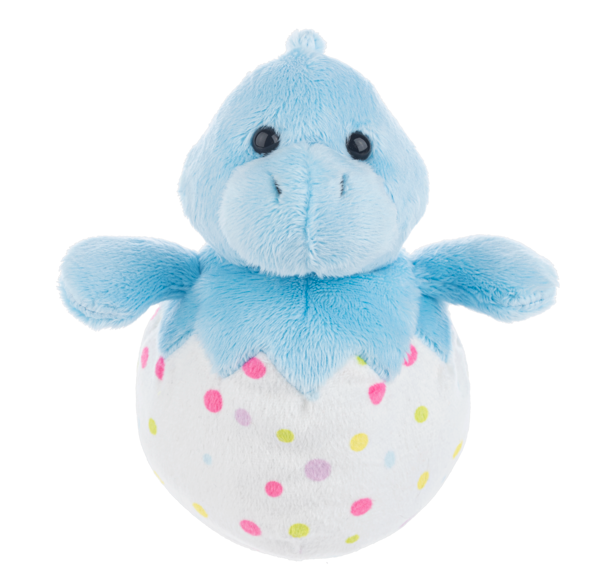 Eggasaurus Dino plush toy in teal with green spikes and yellow accents.