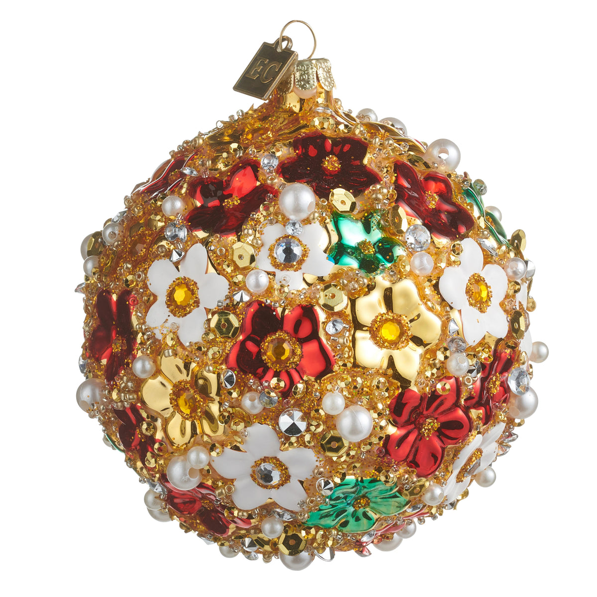 4-inch glass ball ornament with red, white, and gold floral designs, pearls, and crystals.