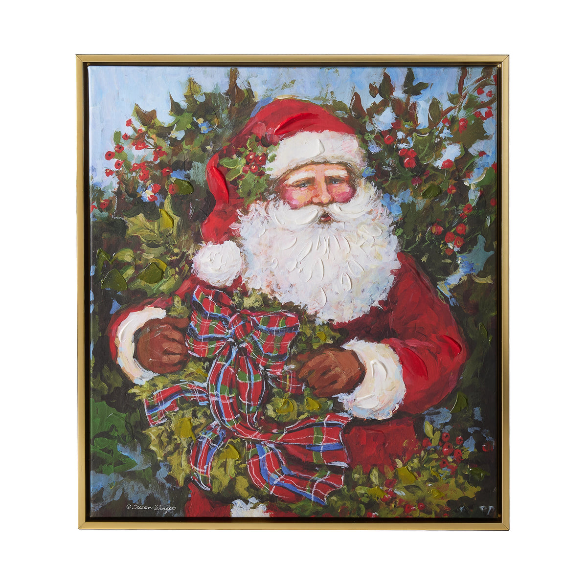 19.5" Homegrown Santa framed wall art featuring a painted Santa Claus holding a plaid-bowed wreath.
