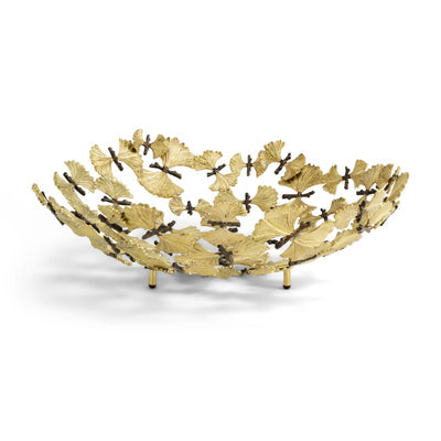 Butterfly Ginkgo Centerpiece Bowl made of natural and oxidized brass with leaf and branch details.