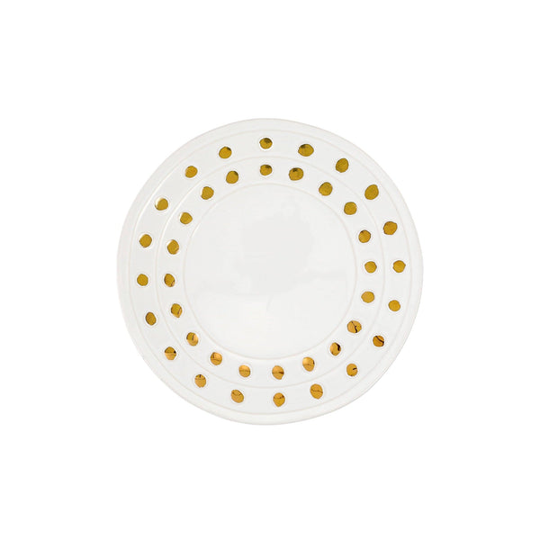 Medici Gold Salad Plate, a white earthenware dish with two rings of gold hand-painted dots.