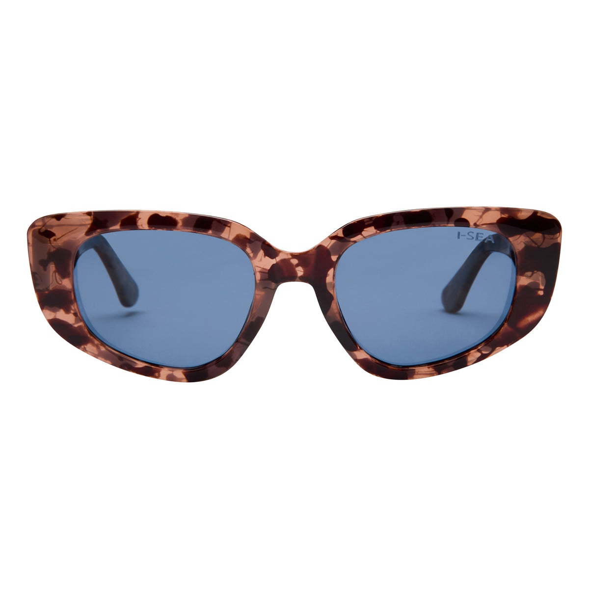 Audrey women's sunglasses with brown tortoiseshell asymmetrical frames and blue tinted lenses.