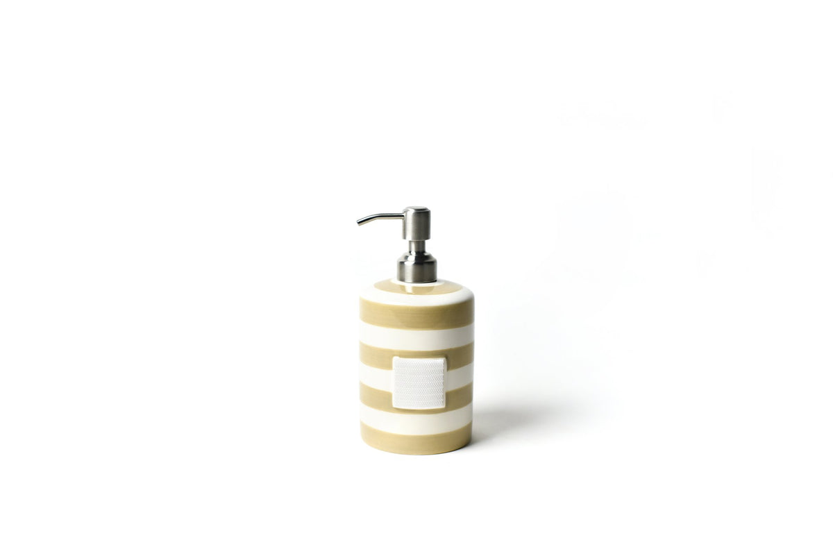 Ceramic soap pump dispenser with neutral gray horizontal stripes on a white background.