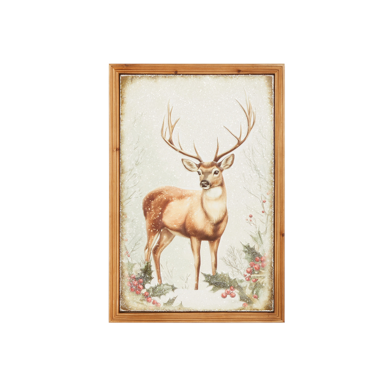 24-inch Yule Stag metal wall decor with a wooden frame featuring a deer in a snowy winter scene.