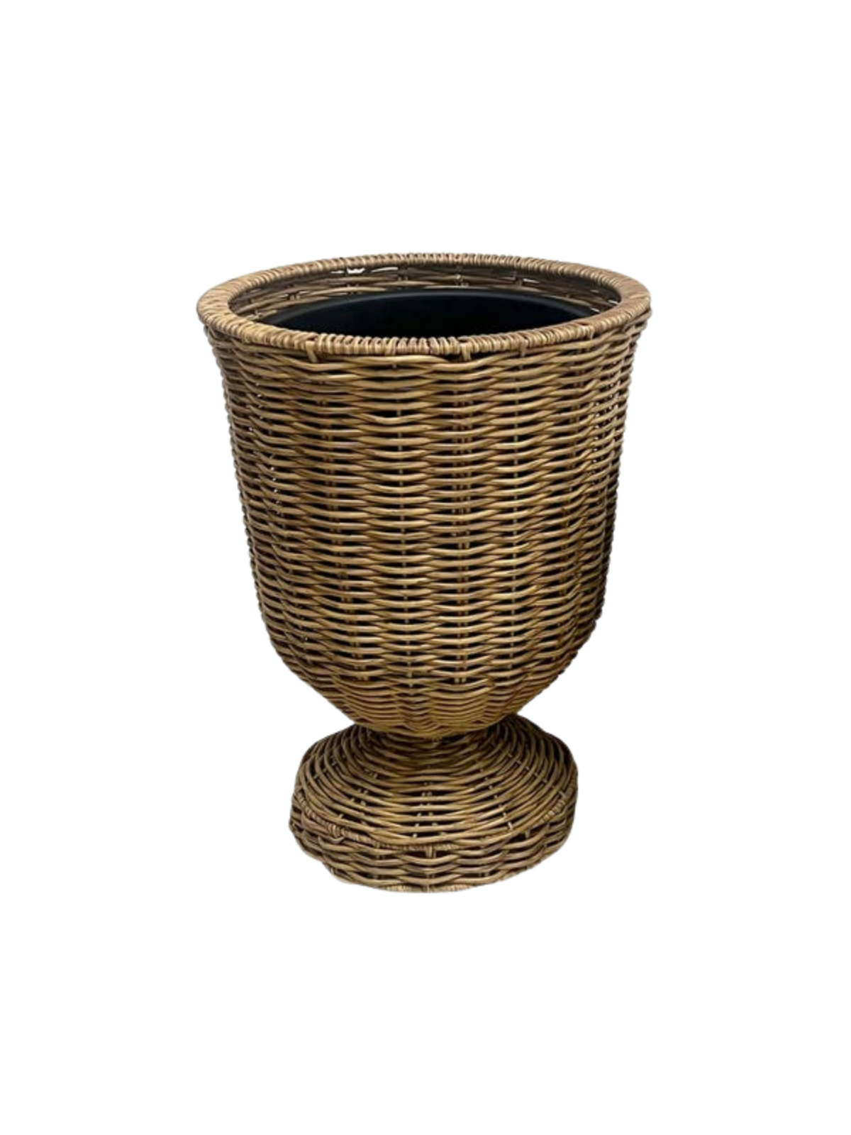 Brown poly weave urn planter with a pedestal base and black interior.