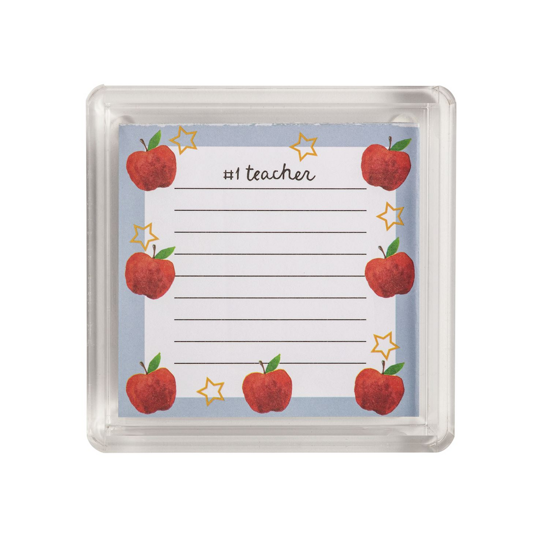 Teacher notepad set with apple and star designs in a clear acrylic caddy, labeled #1 teacher.