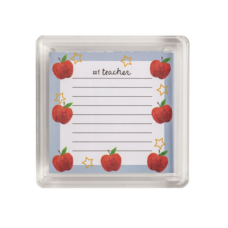 Teacher notepad set with apple and star designs in a clear acrylic caddy, labeled #1 teacher.