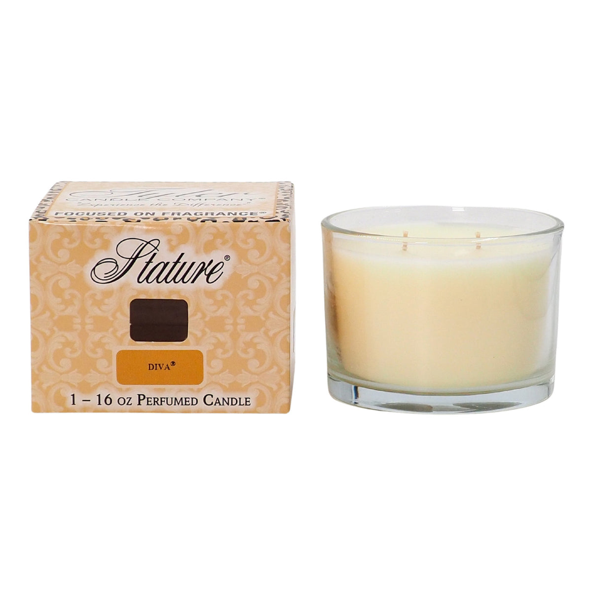 Clear glass candle jar with white soy wax blend inside a branded box.