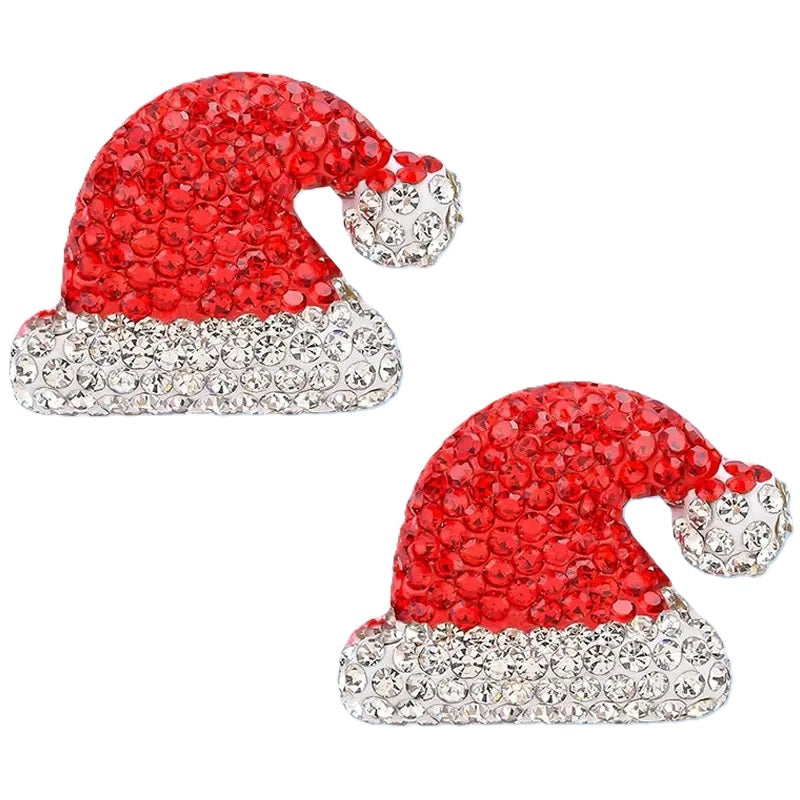 Elegant Christmas hat stud earrings featuring red and white rhinestones on a silver-plated base.