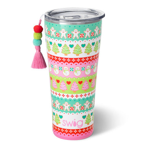 32oz stainless steel tumbler with a colorful holiday pattern, pom-pom tassel, and clear lid.