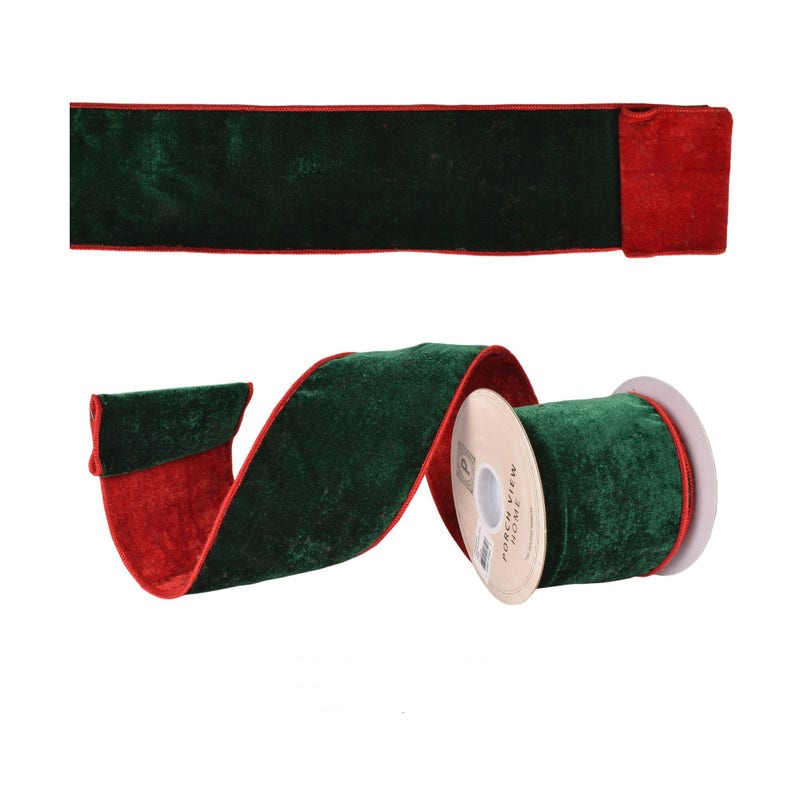 Four-inch wide red and green velvet ribbon with a smooth texture.