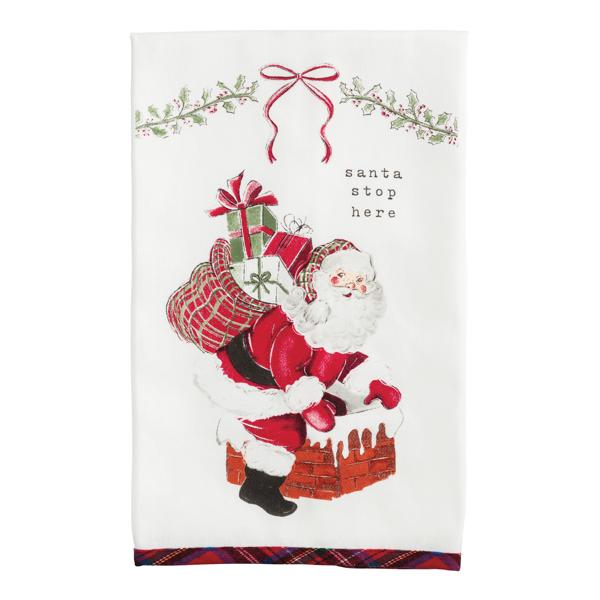 Flour sack towel with Santa sleigh print and tartan trim