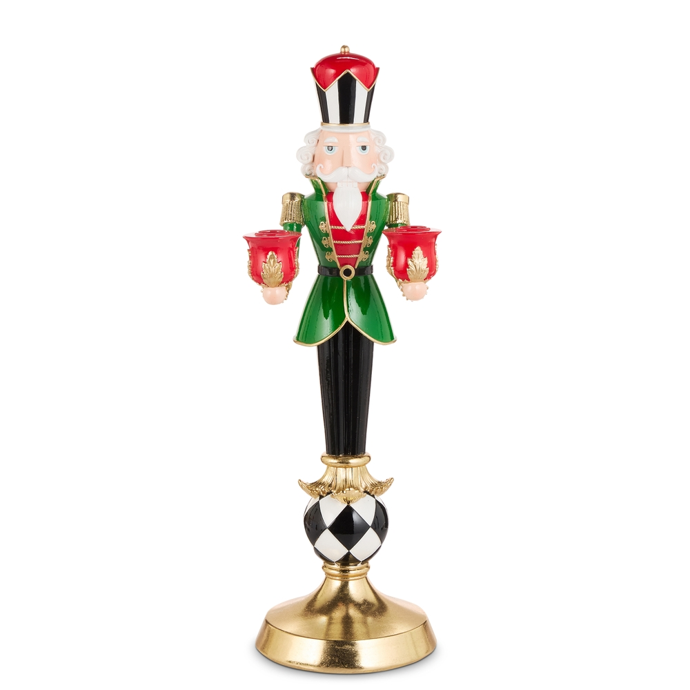 21-inch nutcracker candle holder in green and red on a black and white harlequin base.