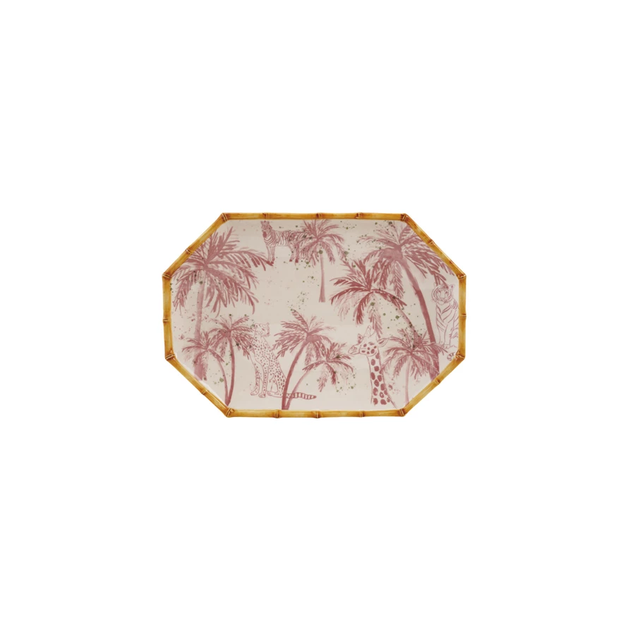 Hand-painted stoneware octagon platter featuring a palm tree silhouette pattern.