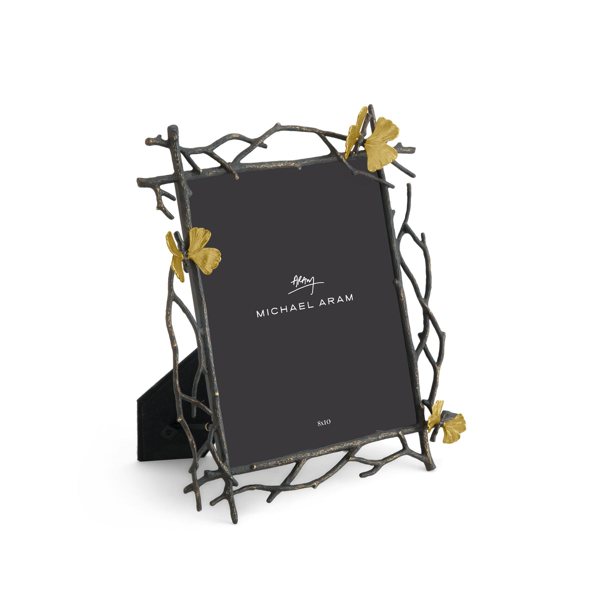 Oxidized goldtone butterfly ginkgo frame holding an 8x10 photo with convertible vertical and horizontal orientation.