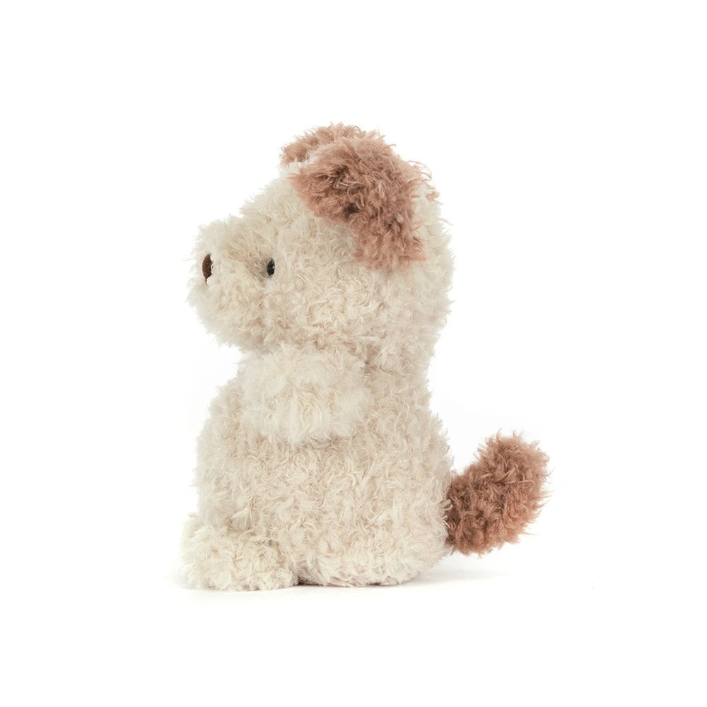 Little Pup plush toy in a sitting profile view with cream curly fur and brown ears and tail.