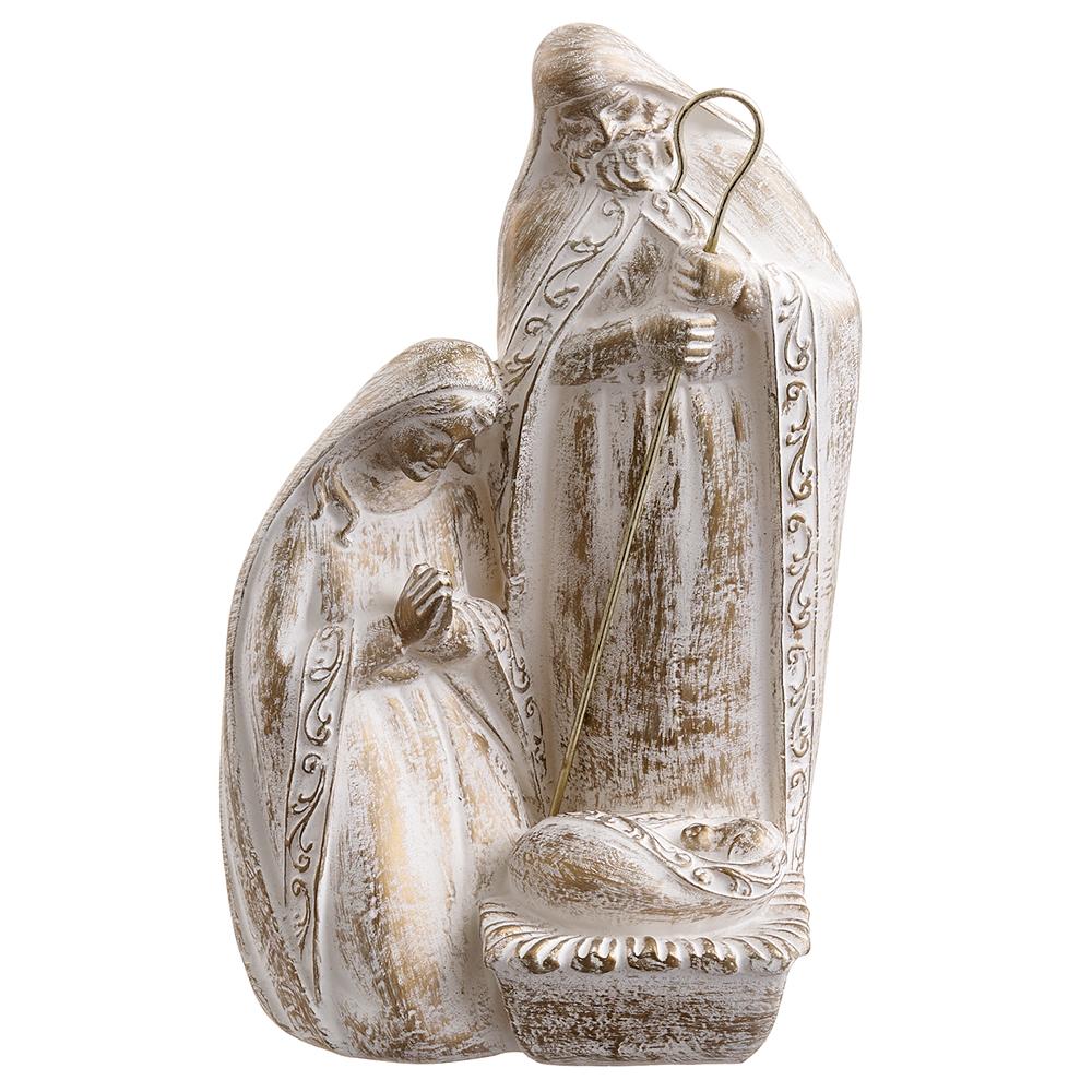 11-inch Holy Family tabletop figurine in two-tone gold and white resin with stone details.