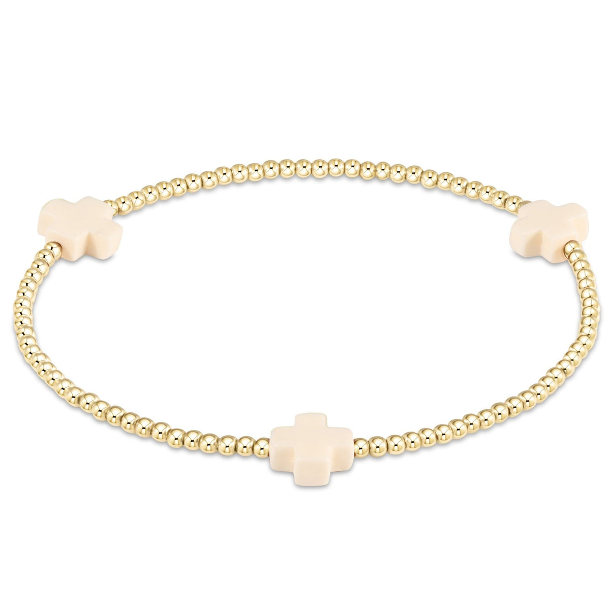 Signature Cross 2mm gold-filled bead bracelet with three cream-colored cross charms.