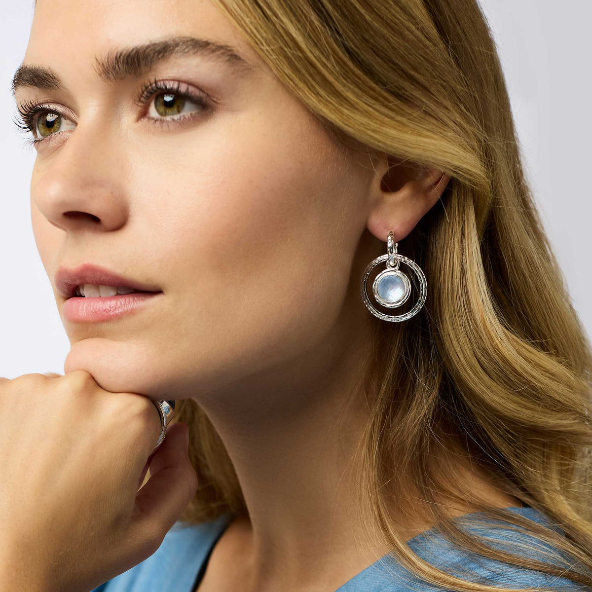 Astor silver-plated earring with imported glass charm featuring a Julie Vos hallmark