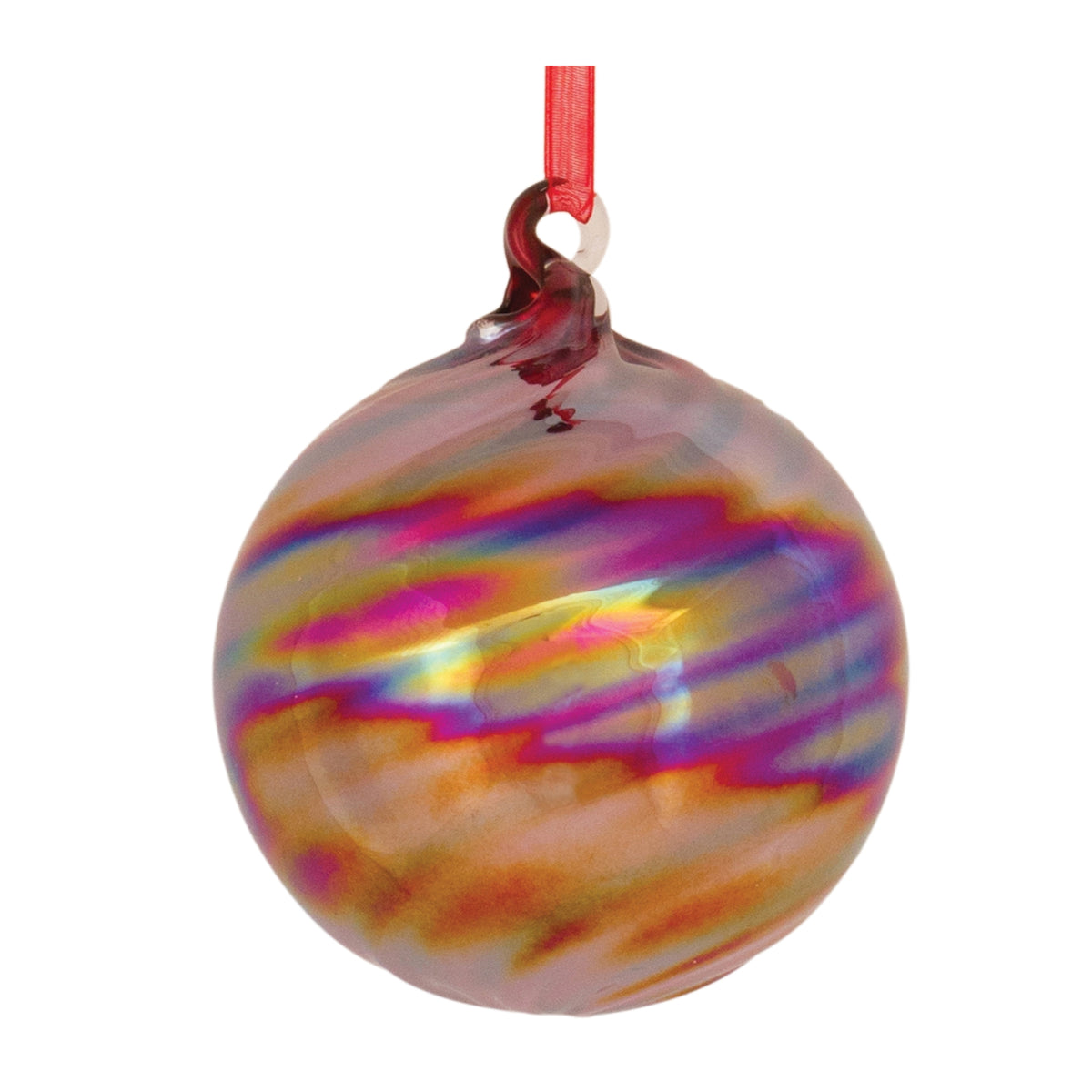 Round iridescent glass ornament with colorful swirling patterns and a red hanging ribbon.