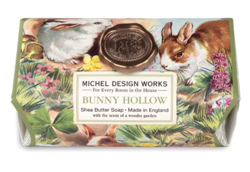 Michel Design Works Bunny Hollow shea butter soap bar with a vintage rabbit and garden illustration.