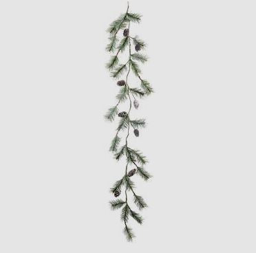 Five-foot artificial pinecone garland with green foliage and brown cone accents.