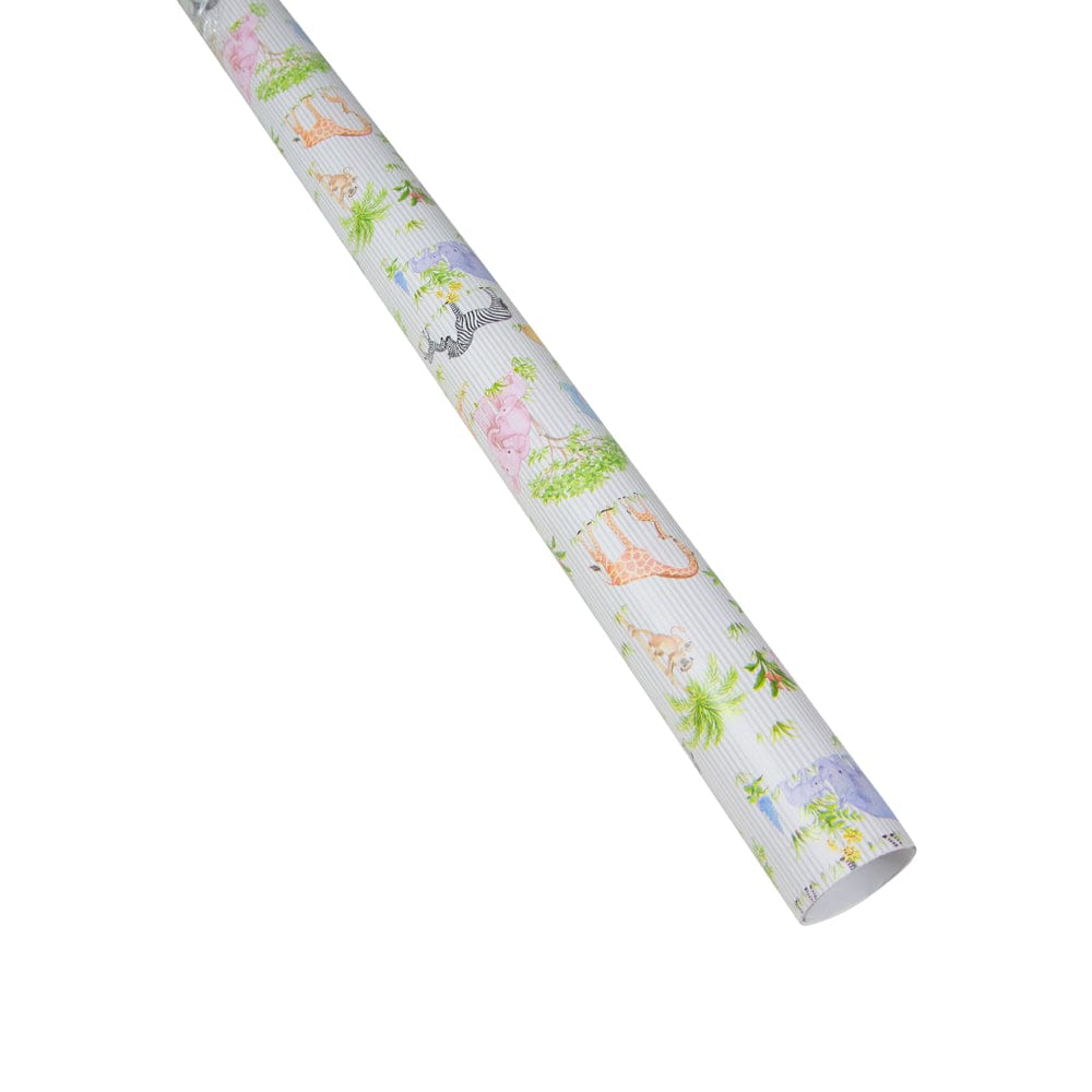 Roll of Safari-themed baby gift wrapping paper featuring animal prints on white background.