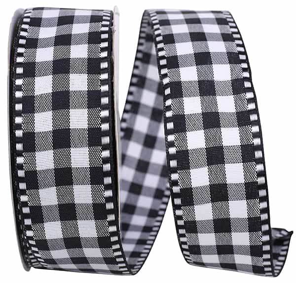 Black gingham check ticking fabric roll with wired edge trim