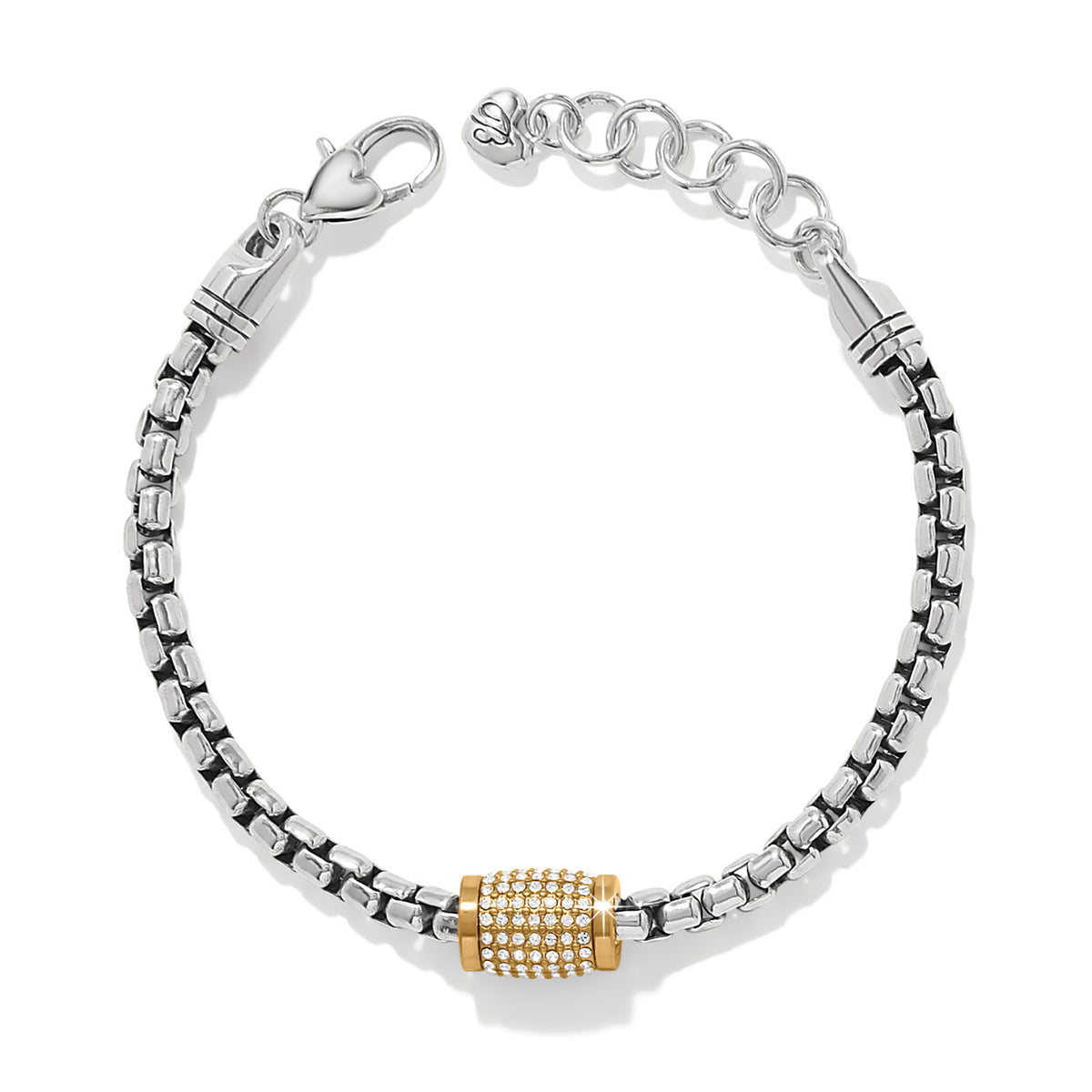 Two-tone silver and gold adjustable bracelet featuring fine quality crystals with a lobster claw closure.